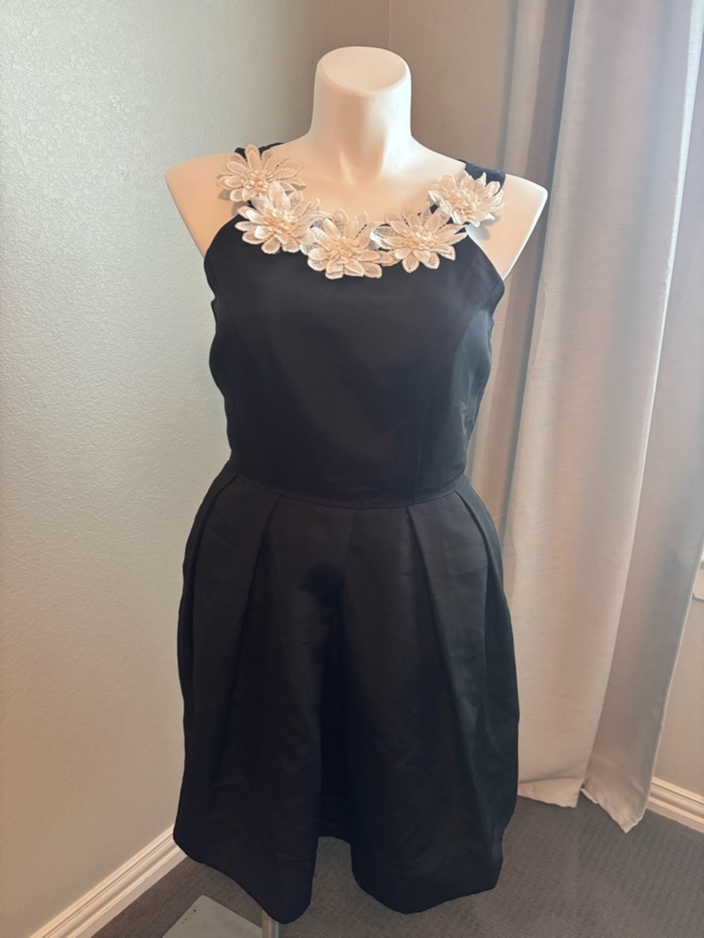 Neiman Marcus Black Cocktail Dress with Ivory Floral Appliqué